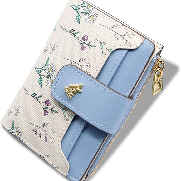 Accessories - Women's Faux Leather Bifold Wallet with Zipper Coin Pocket Card Holder Blue